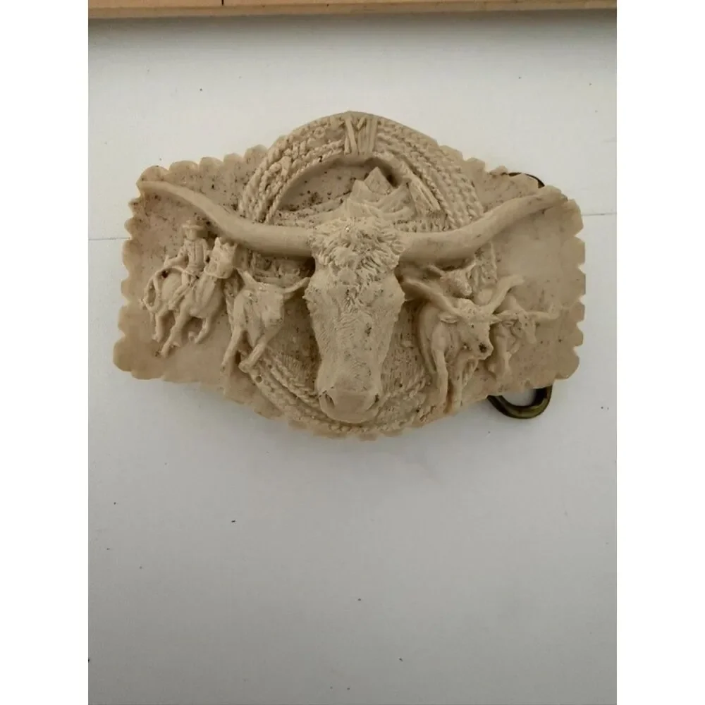 Vintage Longhorn bull head western belt buckle with cowboy and rope motif